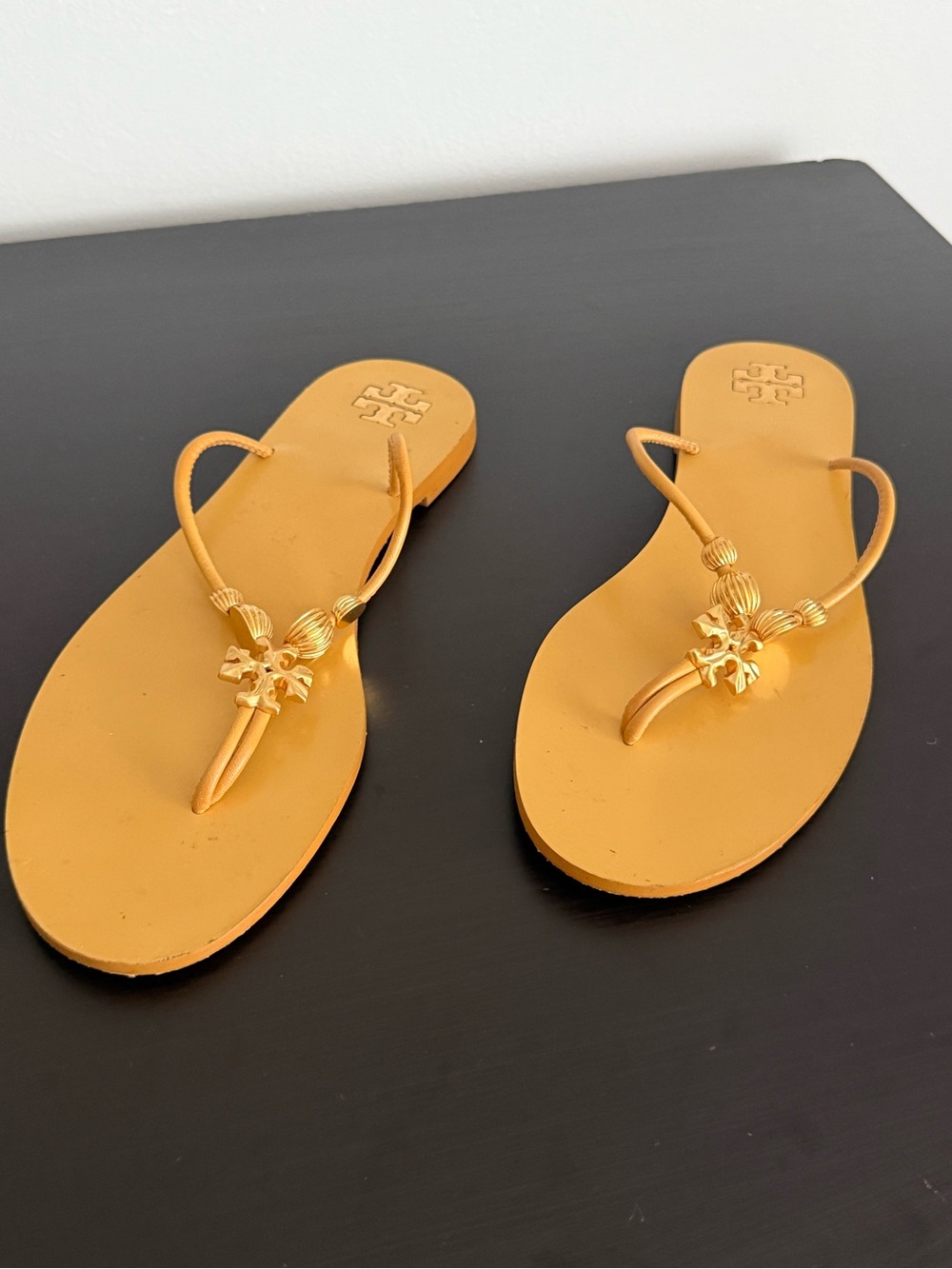 Tory Burch Mustard Gold Logo Thong Sandals